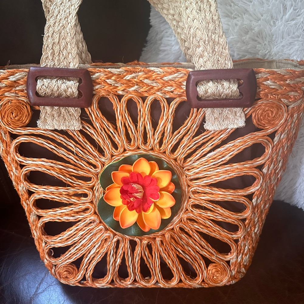 Brown woven straw rattan handbag with Orange Floral